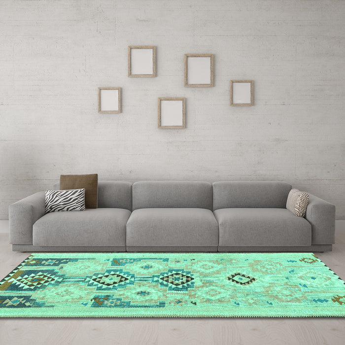 Machine Washable Southwestern Turquoise Country Area Rugs in a Living Room,, wshcon2019turq