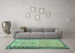 Machine Washable Oriental Turquoise Traditional Area Rugs in a Living Room,, wshcon2022turq