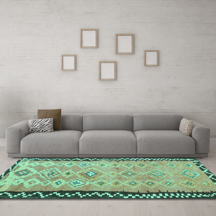 Machine Washable Oriental Turquoise Traditional Area Rugs in a Living Room,, wshcon2022turq