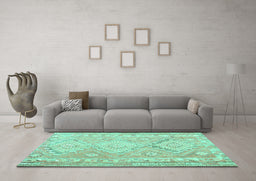 Machine Washable Oriental Turquoise Traditional Area Rugs in a Living Room,, wshcon2027turq