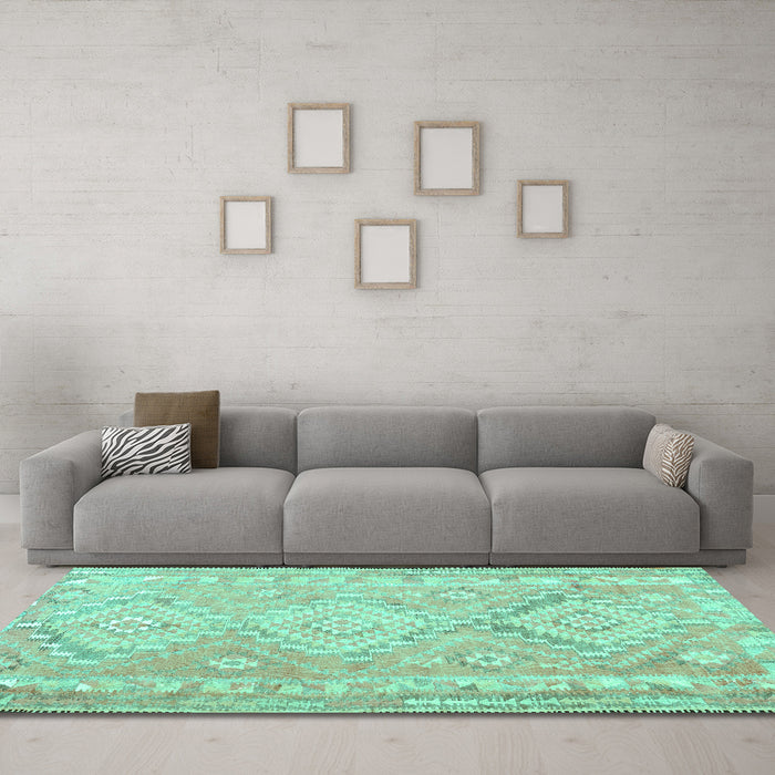 Machine Washable Oriental Turquoise Traditional Area Rugs in a Living Room,, wshcon2027turq