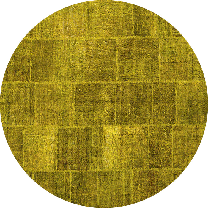Round Machine Washable Patchwork Yellow Transitional Rug, wshcon2041yw