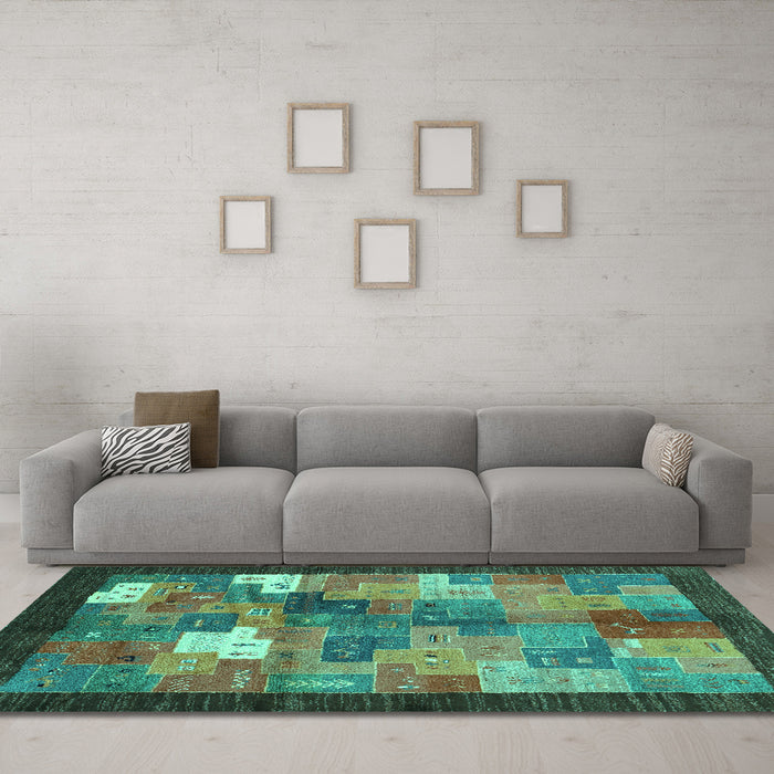 Machine Washable Abstract Turquoise Contemporary Area Rugs in a Living Room,, wshcon2046turq