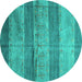 Round Machine Washable Abstract Turquoise Contemporary Area Rugs, wshcon2048turq