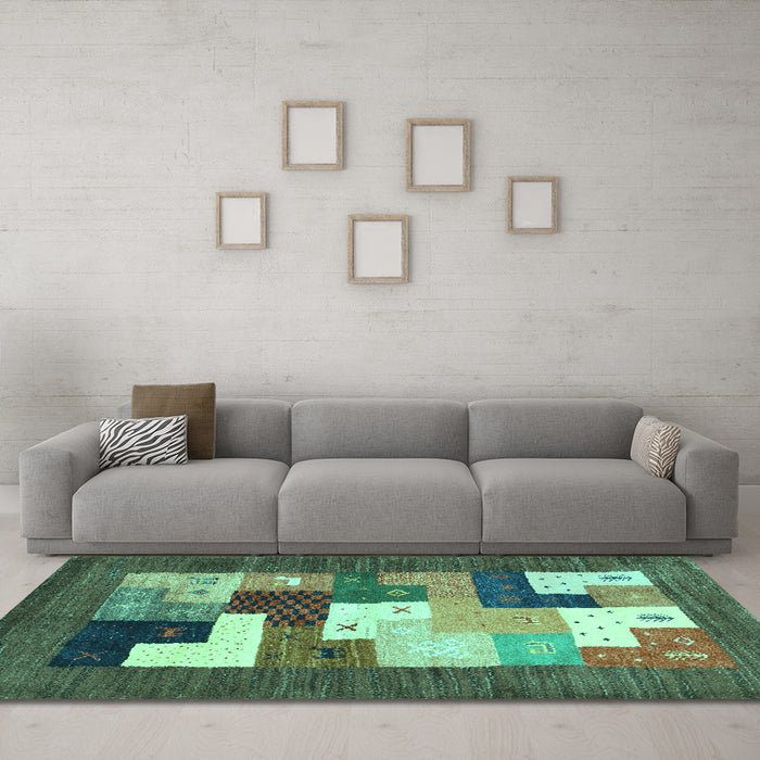 Machine Washable Abstract Turquoise Contemporary Area Rugs in a Living Room,, wshcon2050turq