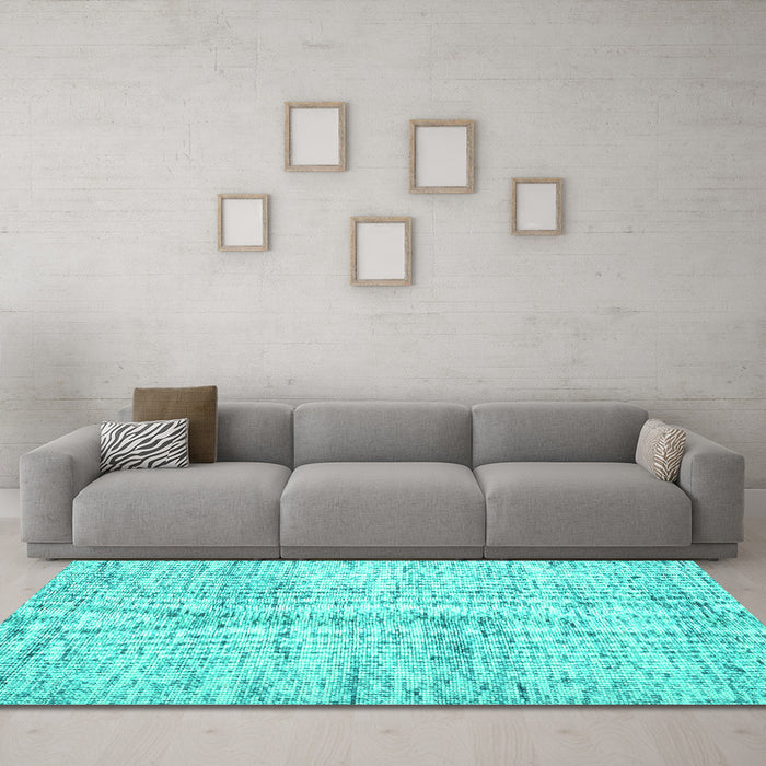 Machine Washable Abstract Turquoise Contemporary Area Rugs in a Living Room,, wshcon2051turq
