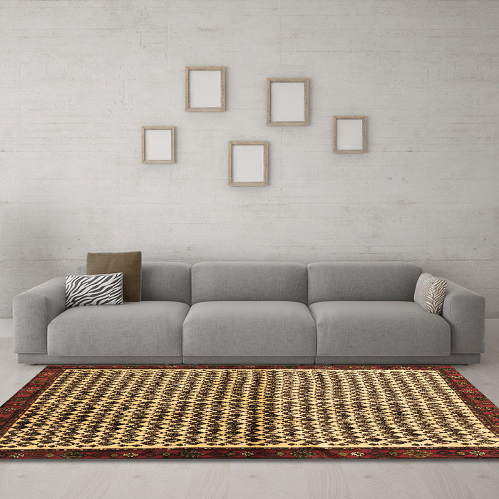 Machine Washable Abstract Brown Contemporary Rug in a Living Room,, wshcon2056brn