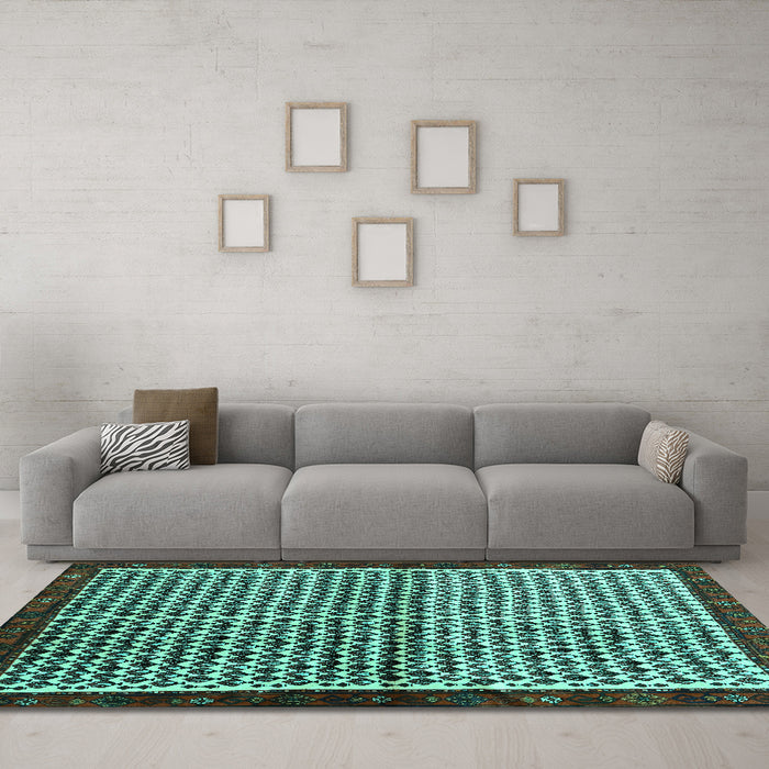 Machine Washable Abstract Turquoise Contemporary Area Rugs in a Living Room,, wshcon2056turq