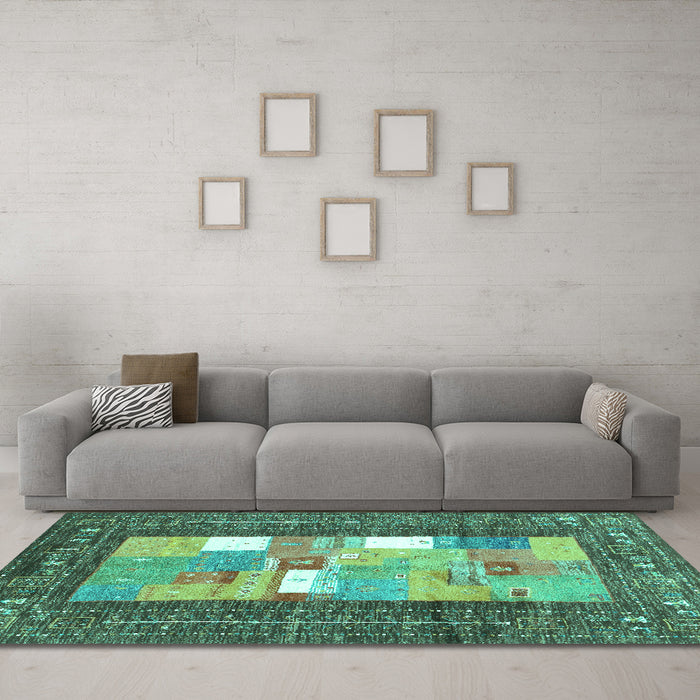 Machine Washable Abstract Turquoise Contemporary Area Rugs in a Living Room,, wshcon2061turq