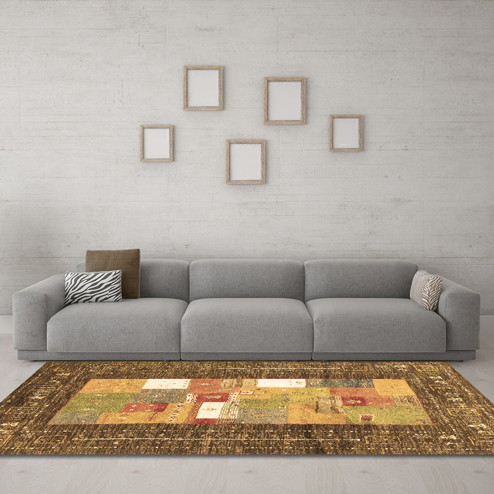 Machine Washable Abstract Brown Contemporary Rug in a Living Room,, wshcon2061brn