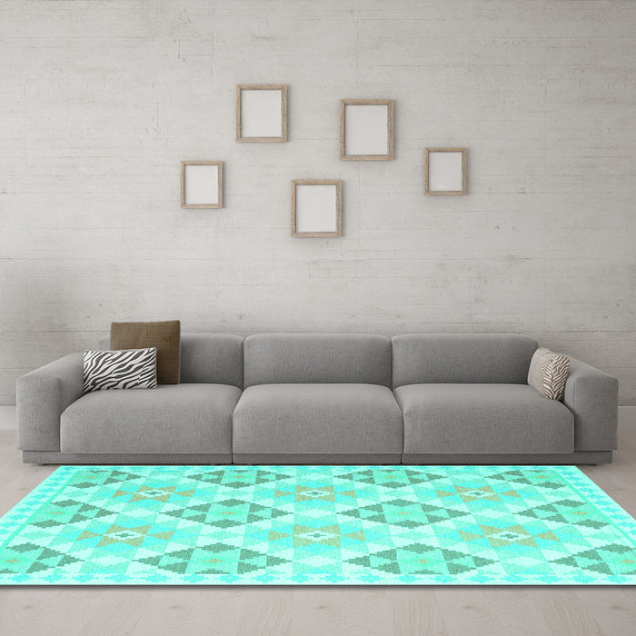 Machine Washable Southwestern Turquoise Country Area Rugs in a Living Room,, wshcon2063turq