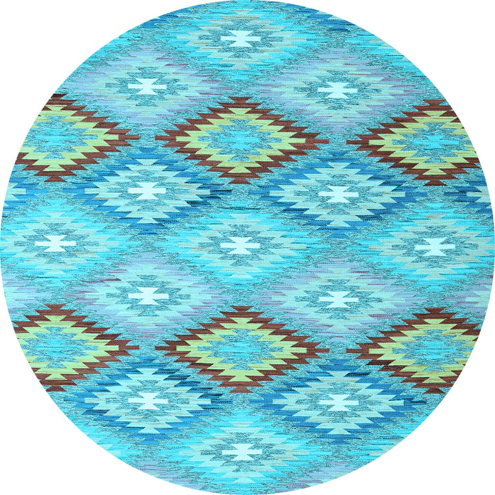 Round Machine Washable Southwestern Light Blue Country Rug, wshcon2064lblu