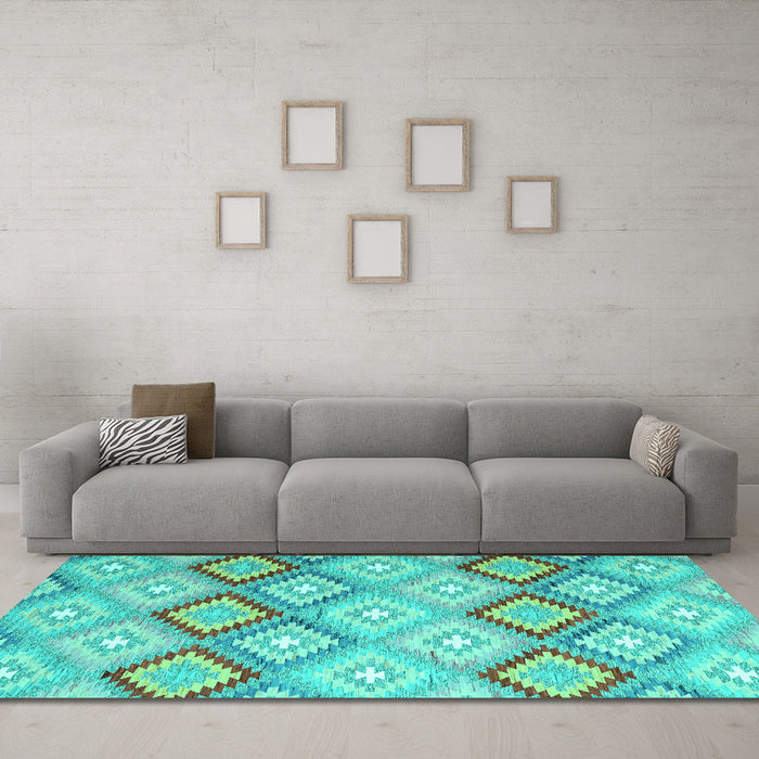 Machine Washable Southwestern Turquoise Country Area Rugs in a Living Room,, wshcon2064turq