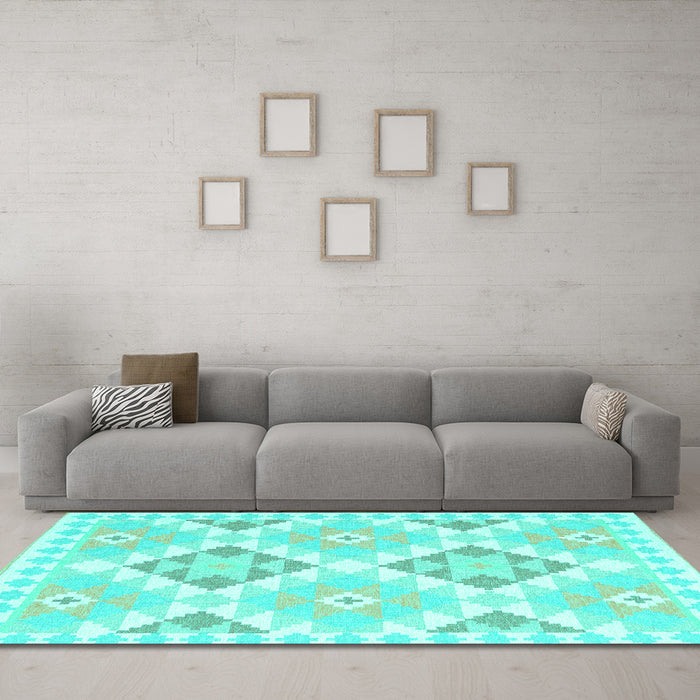 Machine Washable Southwestern Turquoise Country Area Rugs in a Living Room,, wshcon2066turq