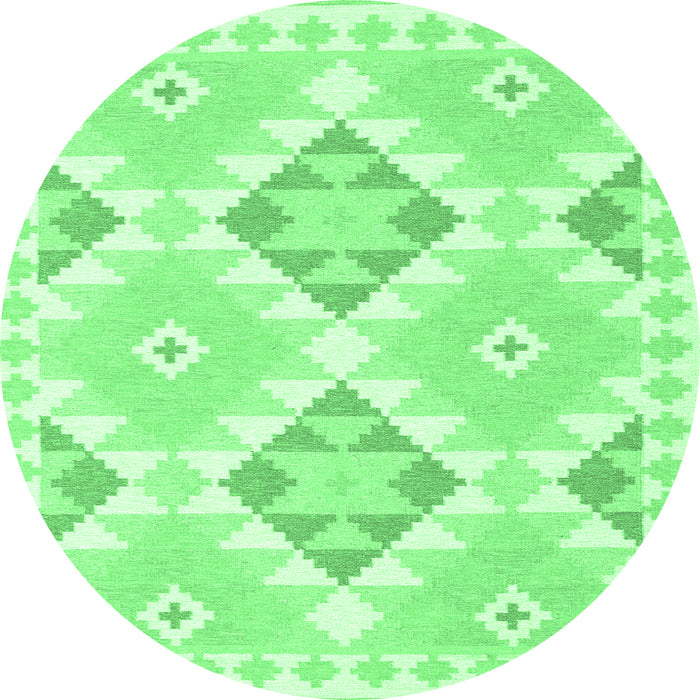 Round Machine Washable Southwestern Emerald Green Country Area Rugs, wshcon2066emgrn