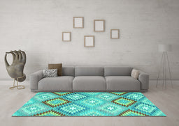 Machine Washable Southwestern Turquoise Country Area Rugs in a Living Room,, wshcon2067turq