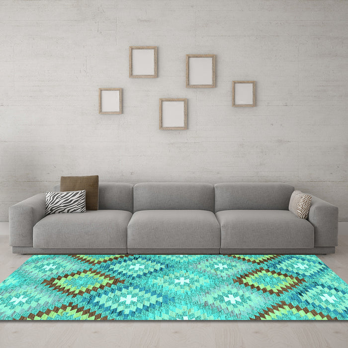 Machine Washable Southwestern Turquoise Country Area Rugs in a Living Room,, wshcon2067turq