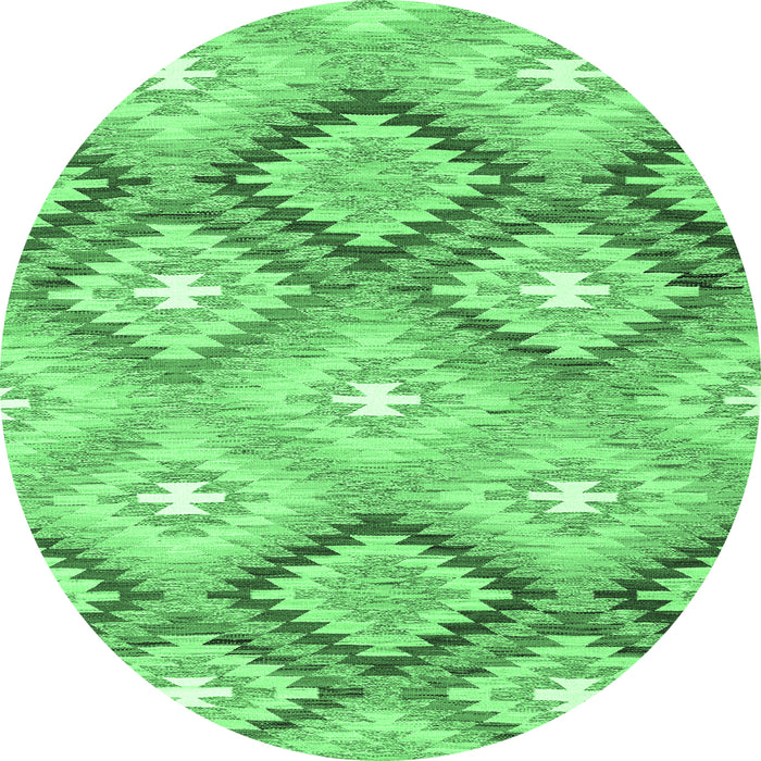 Round Machine Washable Southwestern Emerald Green Country Area Rugs, wshcon2067emgrn