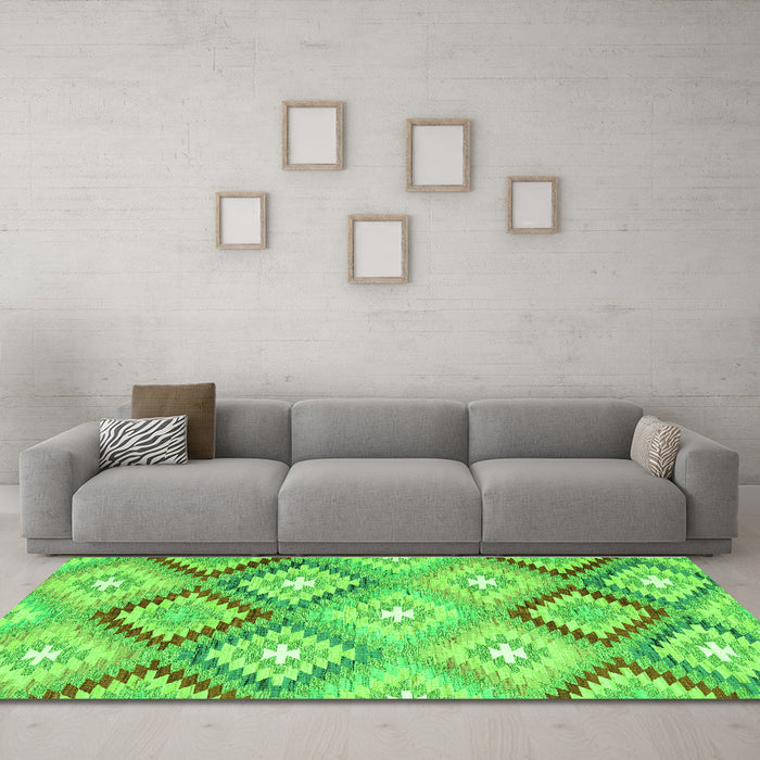 Machine Washable Southwestern Green Country Area Rugs in a Living Room,, wshcon2067grn