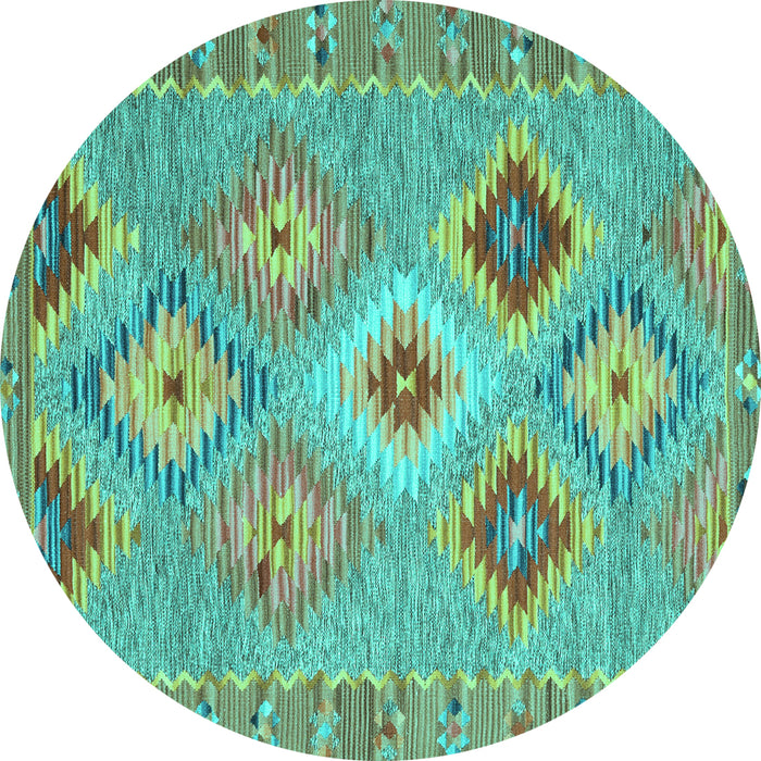 Round Machine Washable Southwestern Turquoise Country Area Rugs, wshcon2068turq