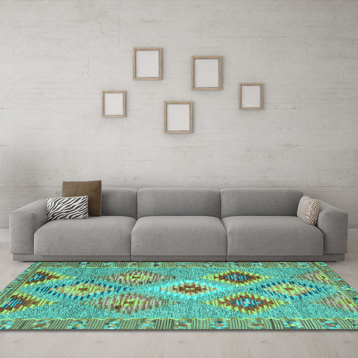 Machine Washable Southwestern Turquoise Country Area Rugs in a Living Room,, wshcon2068turq
