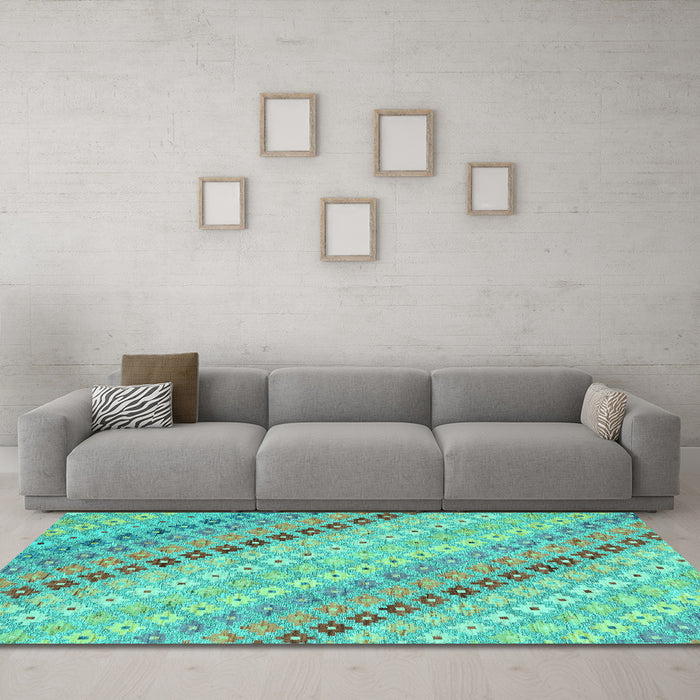 Machine Washable Southwestern Turquoise Country Area Rugs in a Living Room,, wshcon2071turq