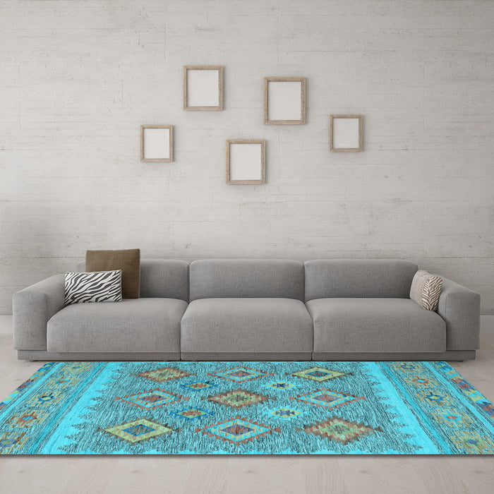 Machine Washable Southwestern Light Blue Country Rug in a Living Room, wshcon2072lblu