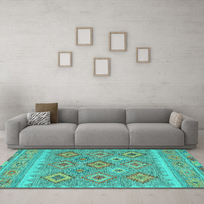 Machine Washable Southwestern Turquoise Country Area Rugs in a Living Room,, wshcon2072turq