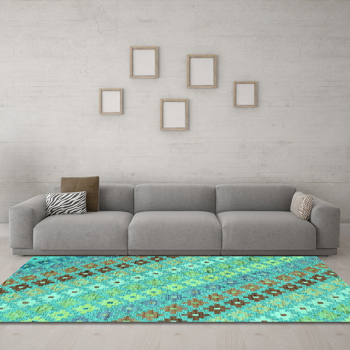 Machine Washable Southwestern Turquoise Country Area Rugs in a Living Room,, wshcon2075turq