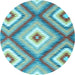 Round Machine Washable Southwestern Light Blue Country Rug, wshcon2081lblu