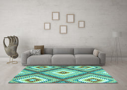 Machine Washable Southwestern Turquoise Country Area Rugs in a Living Room,, wshcon2081turq