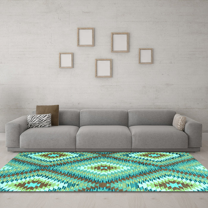 Machine Washable Southwestern Turquoise Country Area Rugs in a Living Room,, wshcon2081turq