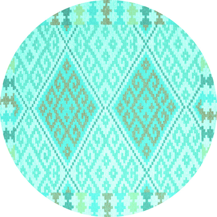 Round Machine Washable Southwestern Turquoise Country Area Rugs, wshcon2083turq