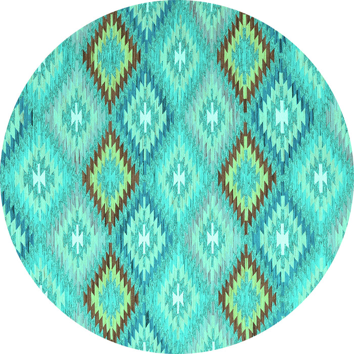 Round Machine Washable Southwestern Turquoise Country Area Rugs, wshcon2088turq