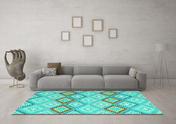 Machine Washable Southwestern Turquoise Country Area Rugs in a Living Room,, wshcon2088turq