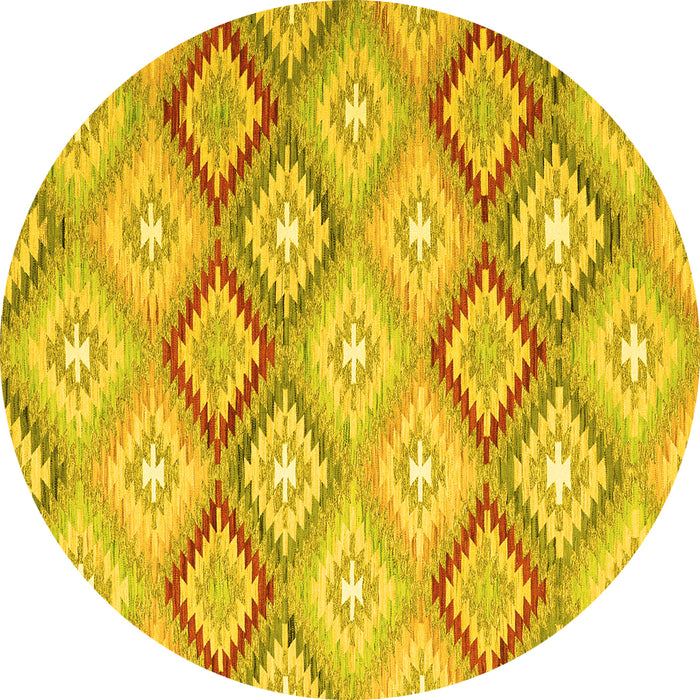 Round Machine Washable Southwestern Yellow Country Rug, wshcon2088yw
