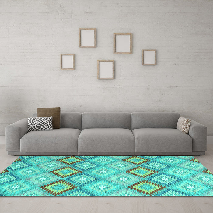 Machine Washable Southwestern Turquoise Country Area Rugs in a Living Room,, wshcon2089turq