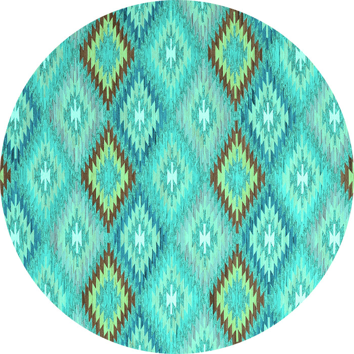 Round Machine Washable Southwestern Turquoise Country Area Rugs, wshcon2089turq