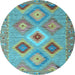 Round Machine Washable Southwestern Light Blue Country Rug, wshcon2091lblu