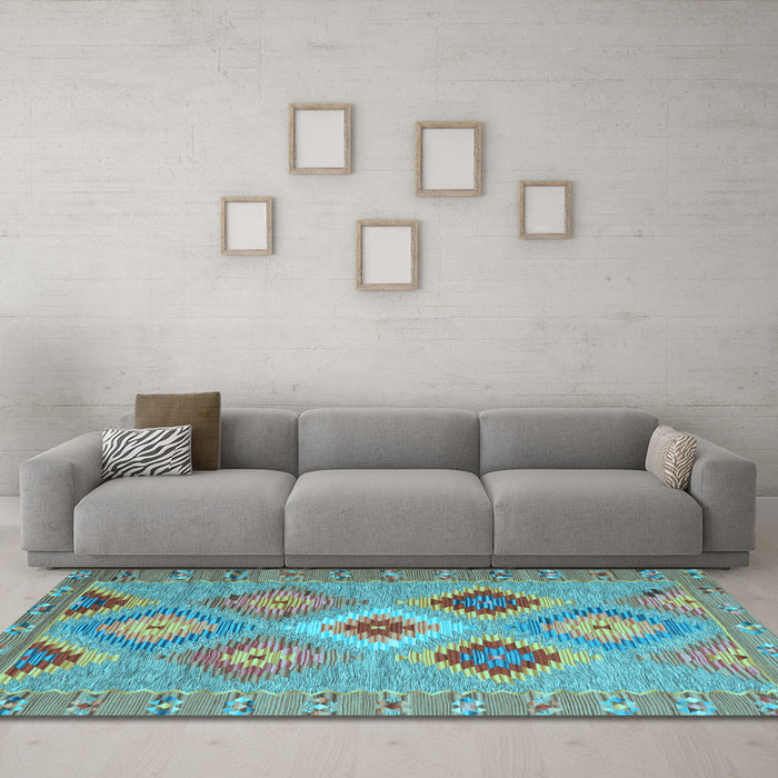 Machine Washable Southwestern Light Blue Country Rug in a Living Room, wshcon2091lblu