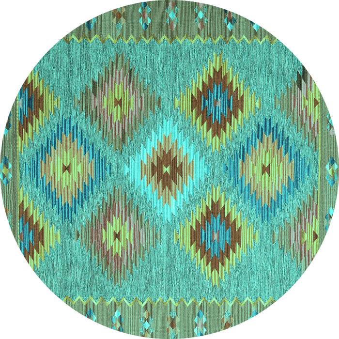 Round Machine Washable Southwestern Turquoise Country Area Rugs, wshcon2091turq
