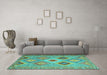 Machine Washable Southwestern Turquoise Country Area Rugs in a Living Room,, wshcon2091turq