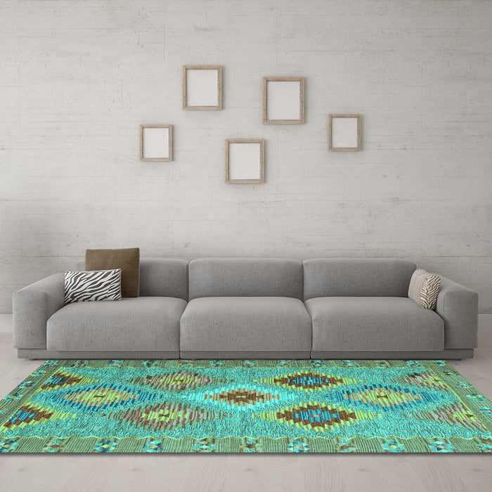 Machine Washable Southwestern Turquoise Country Area Rugs in a Living Room,, wshcon2091turq