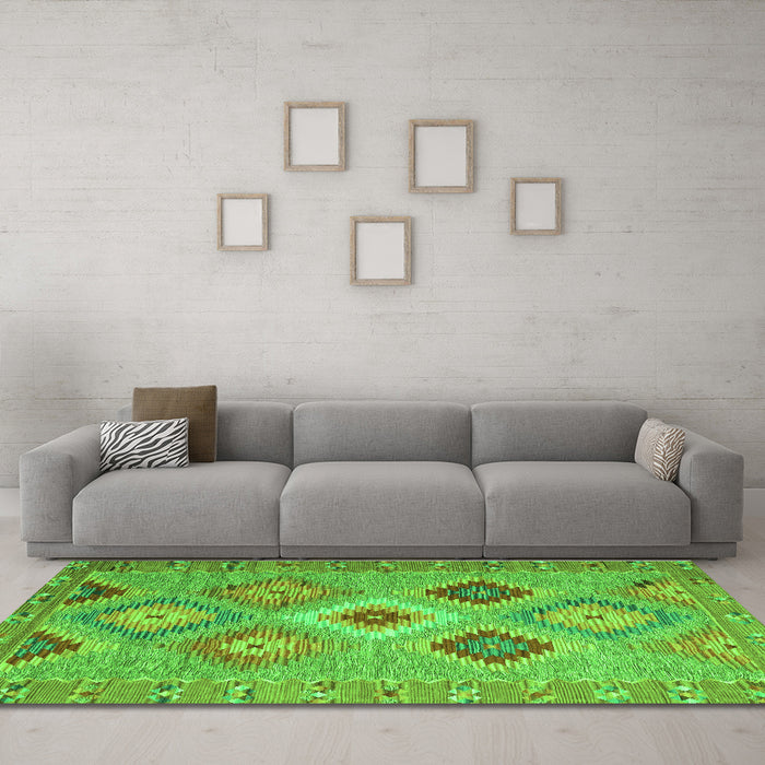 Machine Washable Southwestern Green Country Area Rugs in a Living Room,, wshcon2091grn