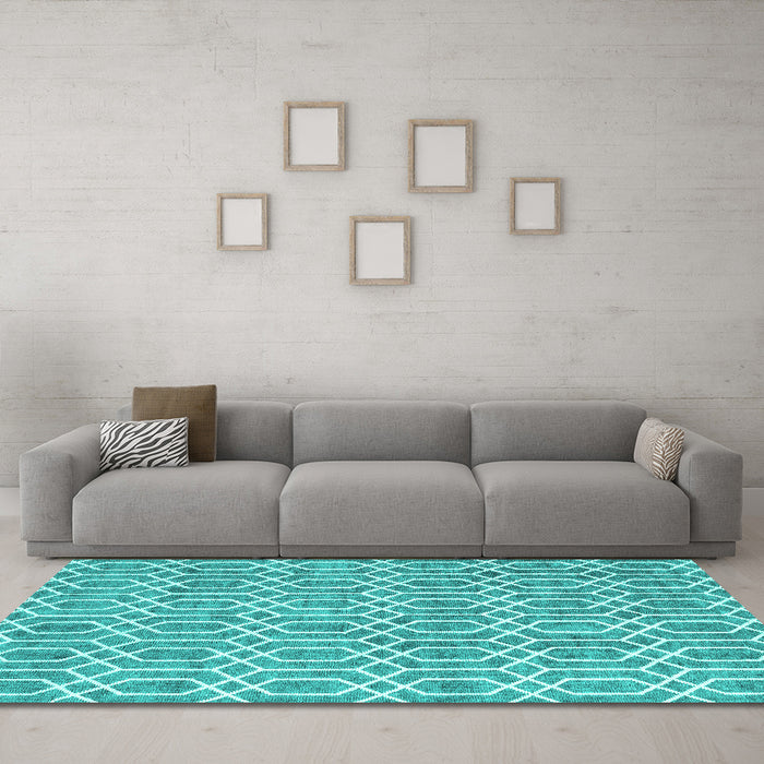 Machine Washable Abstract Turquoise Contemporary Area Rugs in a Living Room,, wshcon2092turq