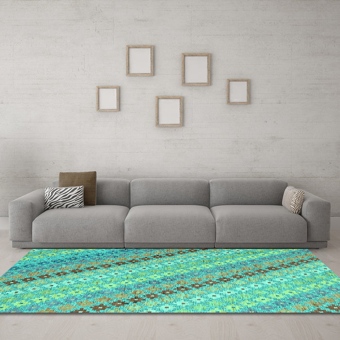 Machine Washable Southwestern Turquoise Country Area Rugs in a Living Room,, wshcon2094turq