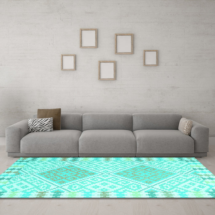 Machine Washable Southwestern Turquoise Country Area Rugs in a Living Room,, wshcon2104turq