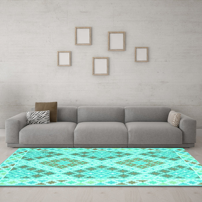 Machine Washable Southwestern Turquoise Country Area Rugs in a Living Room,, wshcon2107turq