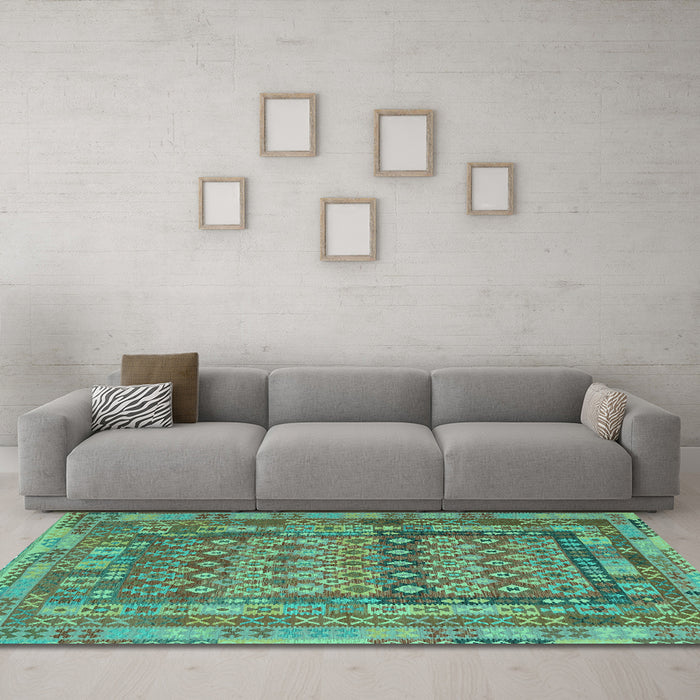 Machine Washable Southwestern Turquoise Country Area Rugs in a Living Room,, wshcon2192turq