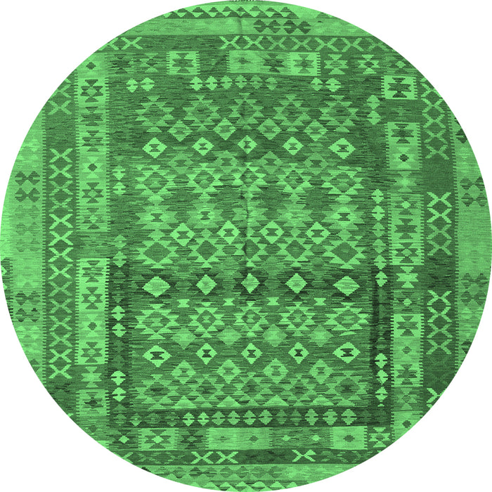 Round Machine Washable Southwestern Emerald Green Country Area Rugs, wshcon2192emgrn